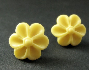 Yellow Flower Earrings with Bronze Earring Posts. Outie Button Flower Jewelry. Handmade Jewelry.