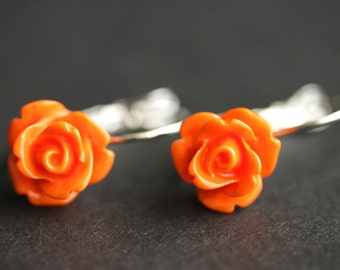 Orange Rose Dangle Earrings. Orange Earrings. Rose Earrings. Silver Lever Back Flower Earrings. Flower Jewelry. Handmade Jewelry.