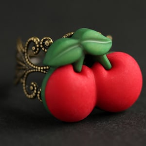 Cherry Ring. Button Ring. Red Cherries Ring. Adjustable Ring. Cherry Jewelry. Bronze Ring. Cherries Jewelry. Handmade Jewelry.