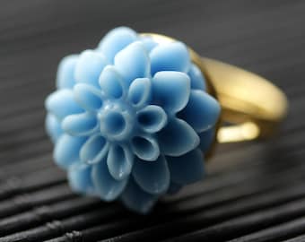 Cornflower Blue Mum Flower Ring. Blue Chrysanthemum Ring. Blue Flower Ring. Adjustable Ring. Handmade Flower Jewelry.