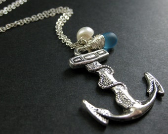 Anchor Necklace. Nautical Necklace with Aqua Teardrop and Fresh Water Pearl Charm. Handmade Jewelry.