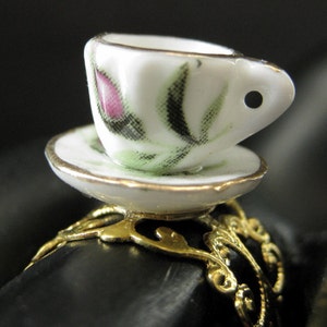 Porcelain Teacup Ring with Pink Rosebud Flowers. Gold Filigree Adjustable Ring. Handmade Jewelry. image 1