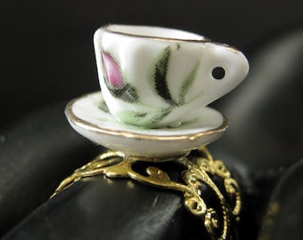 Porcelain Teacup Ring with Pink Rosebud Flowers. Gold Filigree Adjustable Ring. Handmade Jewelry.