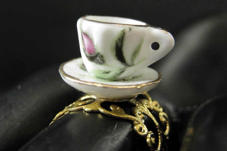 Porcelain Teacup Ring with Pink Rosebud Flowers. Gold Filigree Adjustable Ring. Handmade Jewelry. image 1