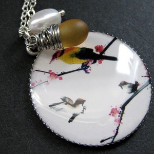 Bird Necklace. Song Bird Necklace with Clouded Honey Teardrop and Fresh Water Pearl. Handmade Jewelry.
