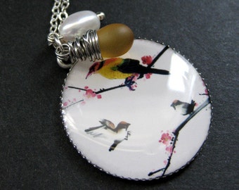 Bird Necklace. Song Bird Necklace with Clouded Honey Teardrop and Fresh Water Pearl. Handmade Jewelry.