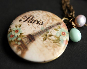 Paris Locket Necklace. Eiffel Tower Locket. Paris Necklace with Pale Aqua Teardrop and Fresh Water Pearl. Paris Locket. Handmade Jewelry.