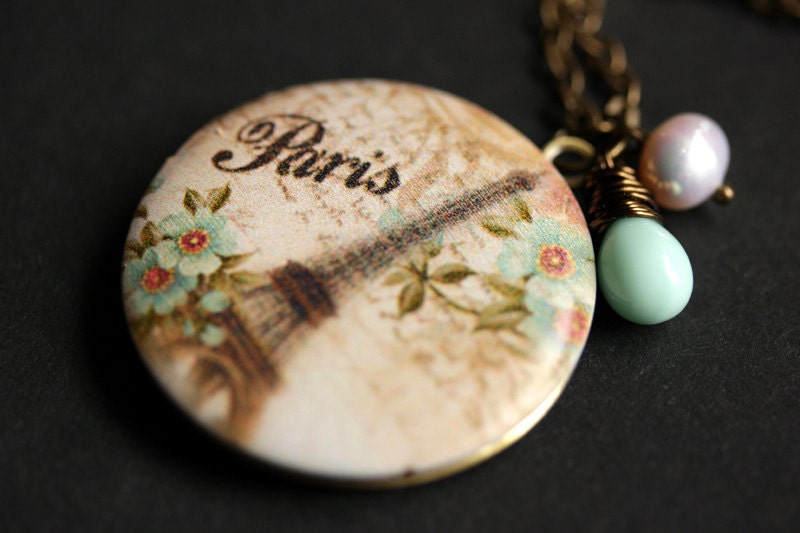 Paris Locket Necklace. Eiffel Tower Locket. Paris Necklace with Pale Aqua Teardrop and Fresh Water Pearl. Paris Locket. Handmade Jewelry.