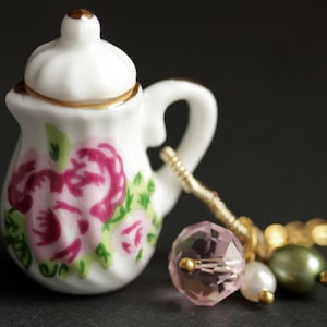 Pink Rose Porcelain Teapot Necklace. Tea Pot Necklace with Pink Crystal and Pearl Charms. Pink Necklace. Gold Necklace. Handmade Jewelry.