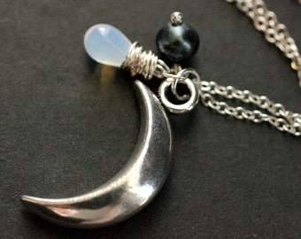 Crescent Moon Necklace. Celestial Necklace with Midnight Blue Fresh Water Pearl and Opalite Teardrop. Handmade Jewelry.