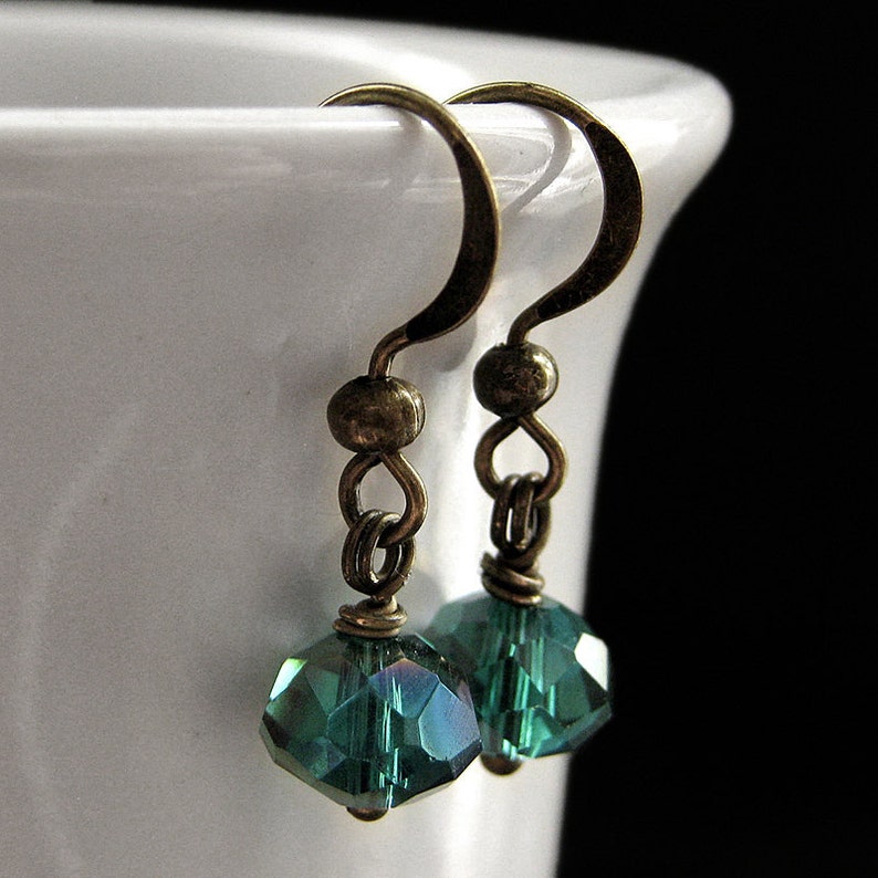 Teal Dangle Earrings. Crystal Earrings in Teal Green Glass and Bronze. Handmade Jewelry. image 2