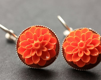 Orange Dahlia Flower Earrings. French Hook Earrings. Orange Flower Earrings. Lever Back Earrings. Handmade Jewelry.