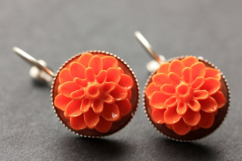 Orange Dahlia Flower Earrings. French Hook Earrings. Orange Flower Earrings. Lever Back Earrings. Handmade Jewelry.