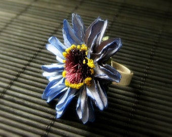 Blue Flower Ring with Blue Daisy Paper Flower and Adjustable Ring Base in Aged Silver. Handmade Jewelry.