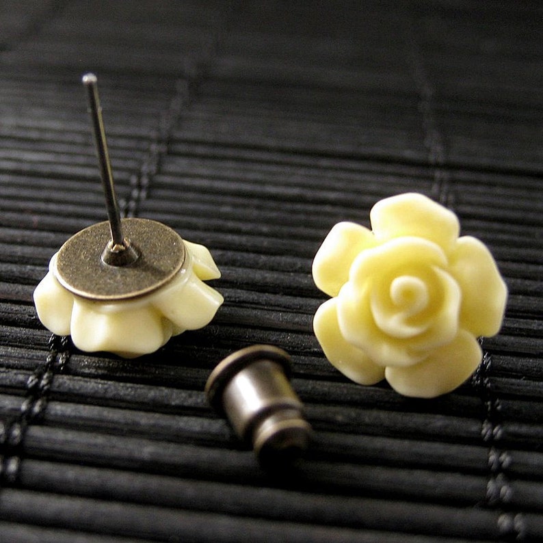 Light Yellow Flower Earrings. Gardenia Flower Earrings with Bronze Stud Earrings.. Handmade Jewelry. image 3