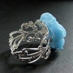 Baby Blue Rose Ring. Sky Blue Flower Ring. Filigree Adjustable Ring. Flower Jewelry. Handmade Jewelry. image 4