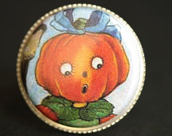 Scared Pumpkin Ring. Vintage Picture Button Ring. Halloween Ring. Silver Ring. Halloween Jewelry. Adjustable Ring. Handmade Ring.