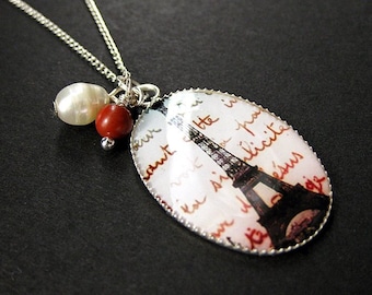 Summer in Paris Charm Necklace with Red Jasper and Fresh Water Pearl