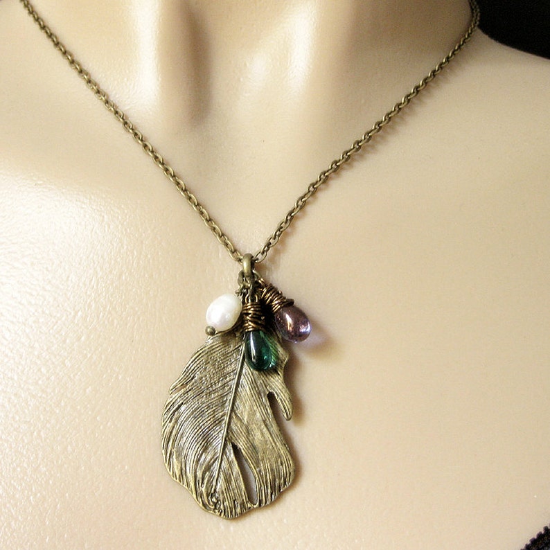 Feather Necklace. Bronze Charm Necklace in Teal, Purple and Fresh Water Pearl. Handmade Jewellery. image 5