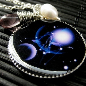Libra Zodiac Necklace. Sun Sign Charm Necklace in Purple and Blue. Handmade Jewelry.