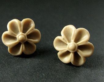 Taupe Flower Earrings with Bronze Earring Posts. Outie Button Flower Jewelry. Handmade Jewelry.