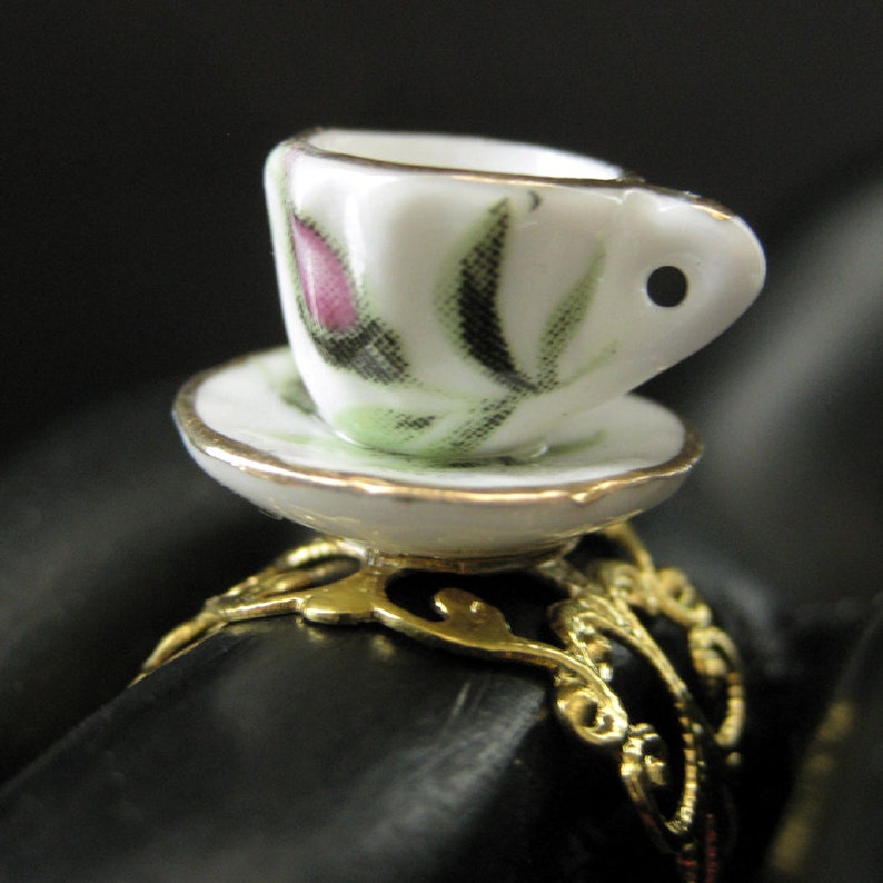 Porcelain Teacup Ring with Pink Rosebud Flowers. Gold Filigree Adjustable Ring. Handmade Jewelry. image 4