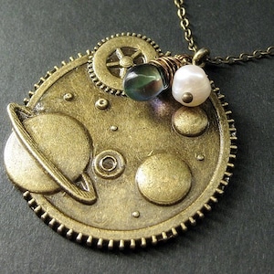 Galaxy Necklace. Steampunk Necklace. Universe Necklace. Steampunk Necklace. Bronze Charm Necklace with Glass Teardrop. Handmade Jewelry. image 1