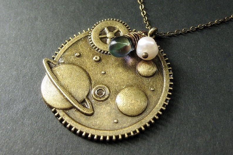 Galaxy Necklace. Steampunk Necklace. Universe Necklace. Steampunk Necklace. Bronze Charm Necklace with Glass Teardrop. Handmade Jewelry. image 1