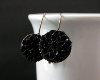 Black Dahlia Flower Earrings. French Hook Earrings. Black Flower Earrings. Lever Back Earrings. Handmade Jewelry.
