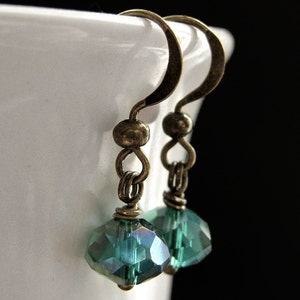 Teal Dangle Earrings. Crystal Earrings in Teal Green Glass and Bronze. Handmade Jewelry. image 4