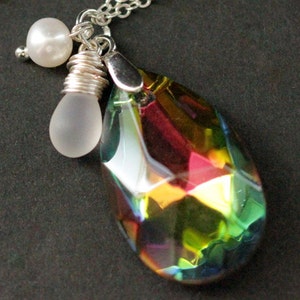 Rainbow Crystal Necklace. Crystal Teardrop Necklace with Glass Teardrop and Fresh Water Pearl. Rainbow Necklace. Handmade Jewelry.