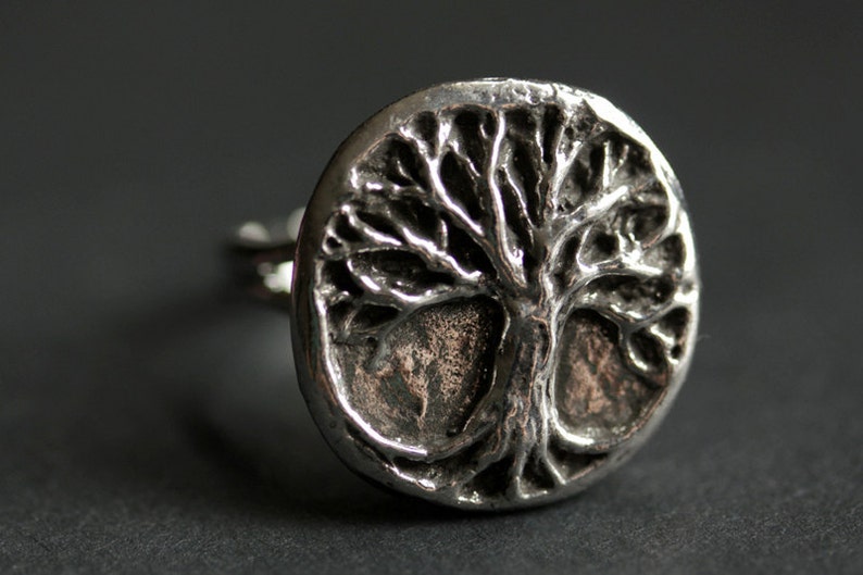 Tree of Life Ring. Tree Ring. Pewter Ring. Adjustable Ring. Silver RIng. Handmade Ring. Pewter Button Ring. Handmade Jewelry. image 3