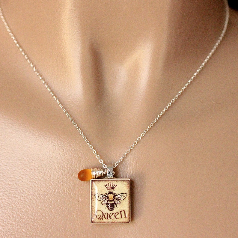 Bee Necklace. Queen Bee Necklace. Scrabble Tile Necklace with Frosted Honey Teardrop. Handmade Jewelry. image 5