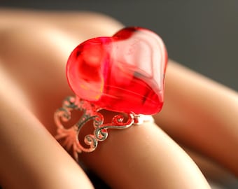 Red Heart Ring. Valentine Ring. Puffy Heart Ring. Filigree Ring. Adjustable Ring. Gold Ring, Silver Ring, Bronze Ring, or Copper Ring.