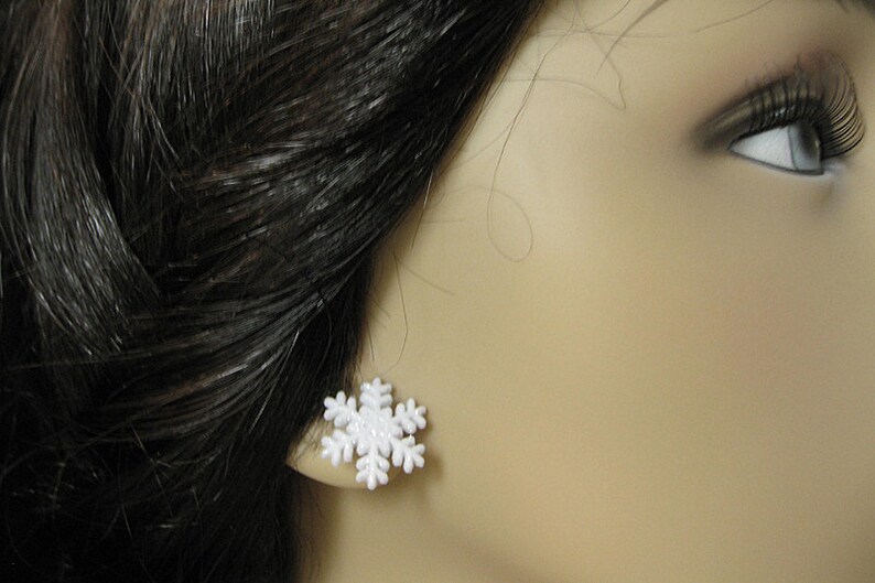 Snowflake Earrings No.7 White Snow Earrings with Silver Stud Earring Backs. Winter Earrings. Handmade Jewelry. image 4