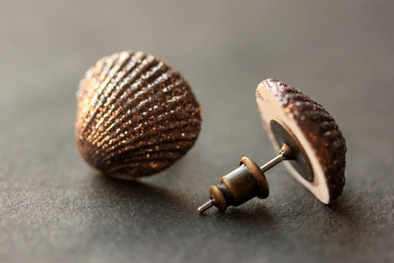 Metallic Seashell Earrings. Clam Shell Earrings. Bronze Post Earrings. Beach Earrings. Sea Shell Earrings. Stud Earrings. Handmade Jewelry. image 2