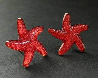 Red Starfish Earrings with Silver Post Earrings Back. Handmade Jewelry.