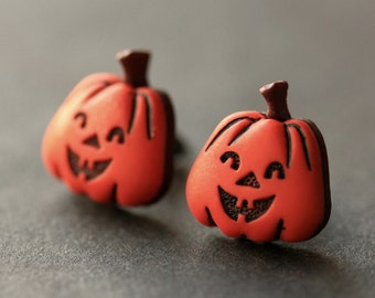 Laughing Pumpkin Earrings. Halloween Earrings. Jack o Lantern Earrings. Halloween Jewelry. Stud Earrings. Post Earrings. Handmade Jewelry.