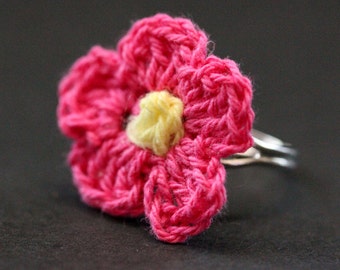 Fuchsia Crochet Flower Ring. Fuchsia Flower Ring. Knit Flower Ring in Hot Pink and Yellow. Silver Adjustable Ring. Handmade Jewelry.