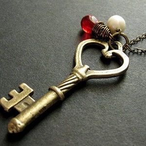 Key Necklace in Bronze with Wire Wrapped Red Teardrop Charm Necklace. Handmade Jewelry. image 1