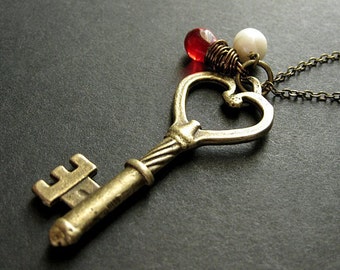 Key Necklace in Bronze with Wire Wrapped Red Teardrop Charm Necklace. Handmade Jewelry.