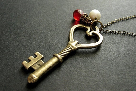Key Necklace in Bronze With Wire Wrapped Red Teardrop Charm  