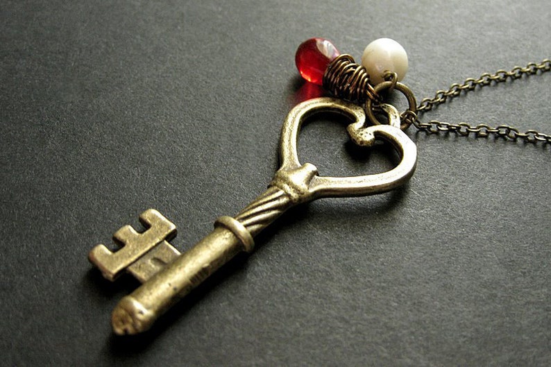 Key Necklace in Bronze with Wire Wrapped Red Teardrop Charm Necklace. Handmade Jewelry. image 1