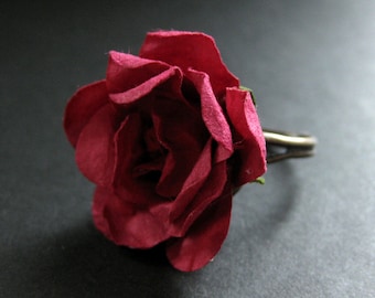 Burgundy Rose Ring. Maroon Flower. Paper Flower Ring. Paper Rose Ring. Adjustable Ring in Bronze. Handmade Jewelry.