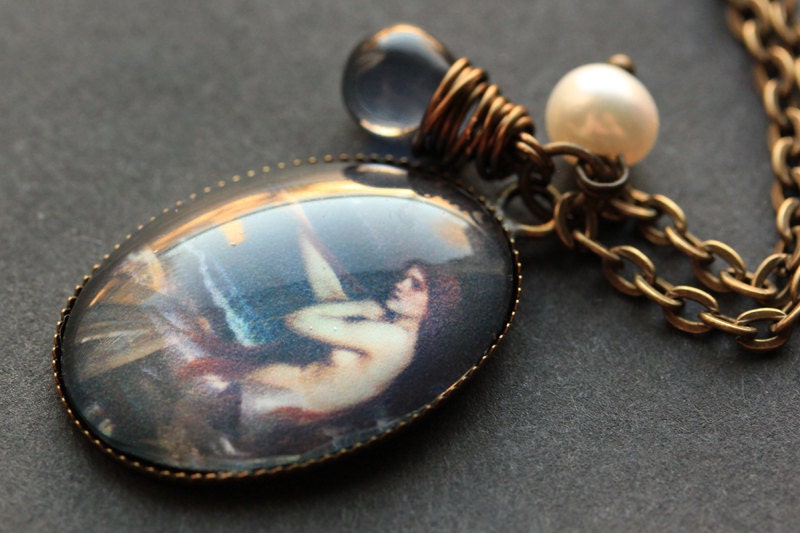 Mermaid Necklace. Mermaid Pendant with Dark Blue Teardrop and Fresh Water Pearl. Oval Charm Necklace. Mermaid Jewelry. Handmade Jewellery.