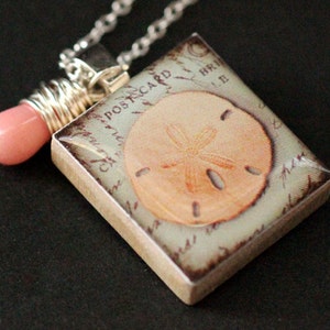 Sand Dollar Necklace. SandDollar Necklace. Scrabble Tile Necklace with Pink Coral Teardrop. Handmade Jewelry.