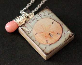 Sand Dollar Necklace. SandDollar Necklace. Scrabble Tile Necklace with Pink Coral Teardrop. Handmade Jewelry.