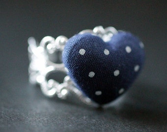 Navy Blue Heart Ring. Polkadot Ring. Fabric Heart Ring. Adjustable Ring in Silver Filigree. Handmade Jewelry.