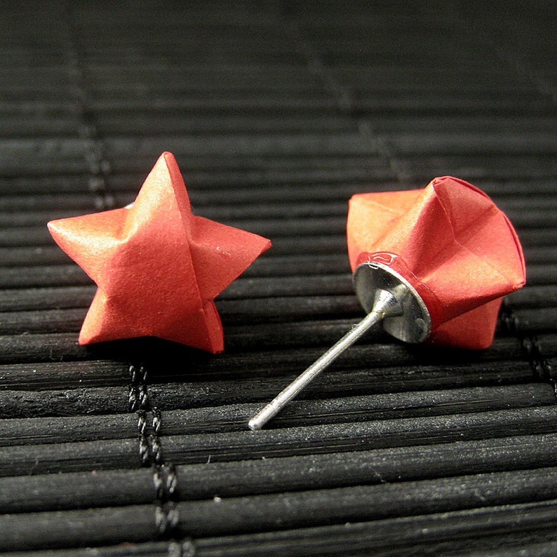 Star Earrings. Red Star Earrings. Origami Star Earrings. Paper Star Earrings. Silver Post Earrings. Stud Earrings. Oragami Jewelry. image 2