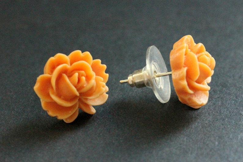 Orange Lotus Flower Earrings. Orange Lotus Earrings. Silver Post Earrings. Orange Earrings. Stud Earrings. Handmade Jewelry. image 4